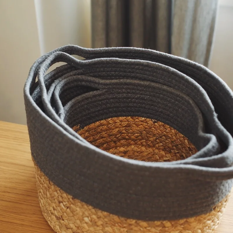 Decorative Hand-woven Cotton Rope with Water Hyacinth Basket Wicker Storage Basket Natural Household Hand Woven Basket Round