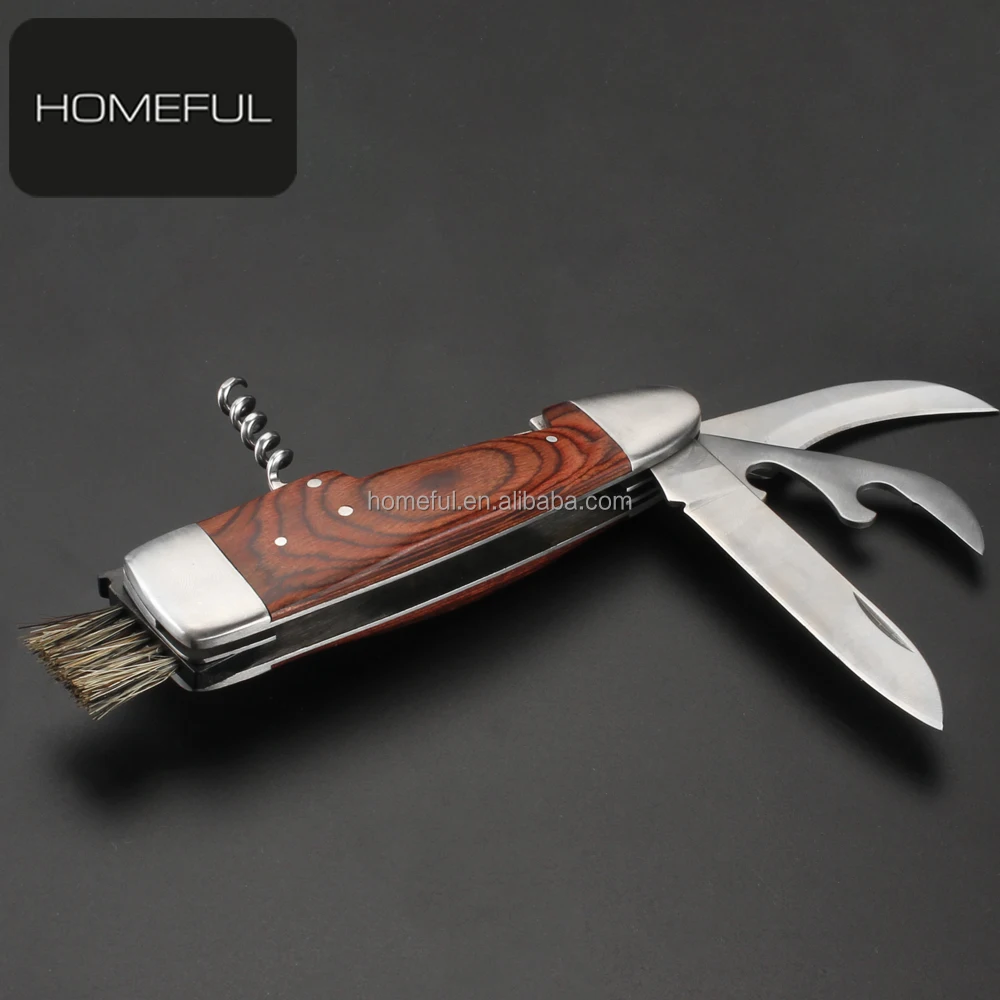 stainless steel multi function wine corkscrew  pocket folding opener BBQ brush knife with laguiole pakka  handle mushroom knife