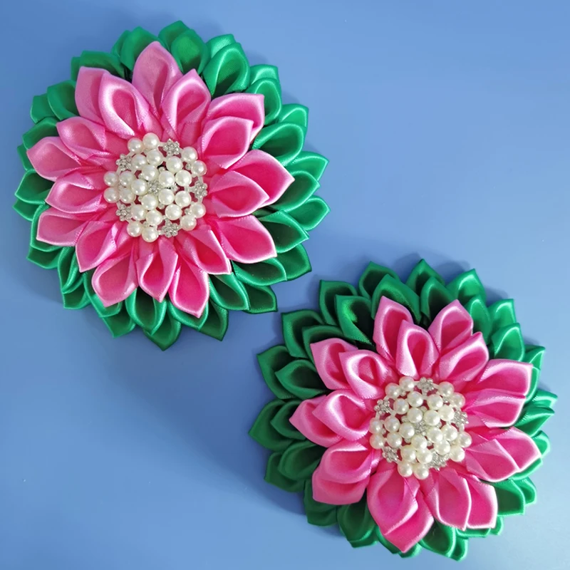 Large Quantity in Stock Cheap Customized Pink and Green Satin Pin Imitation Pearls Sorority Ribbon Women Greek Flower Brooch