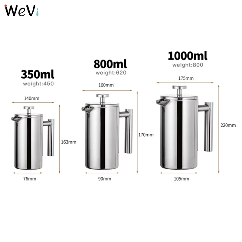 
WeVi 800ml Coffee Plunger 18/8 304 Double Wall Stainless Steel Cafetiere French Press With Filter 