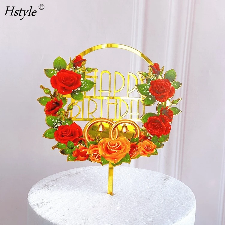 Beautiful Flower Print Happy Birthday Acrylic Cake Topper Birthday Party Decorations Cake Decoration PQ677