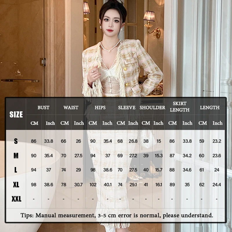 ZYHT 50679 Women Plaid Design Fringed Wool Tweed Two-piece Sets Spring Leisure Female Coat Jacket and Skirt Suit