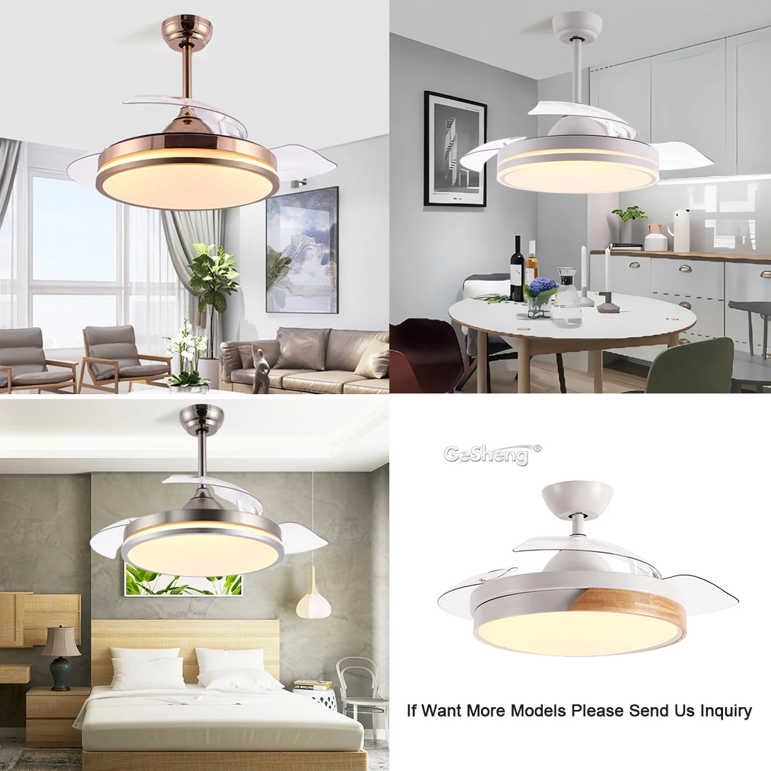 Orient decorative bedroom ventilador de techo led invisible hidden retractable blade fan led lamp ceiling fan with light home