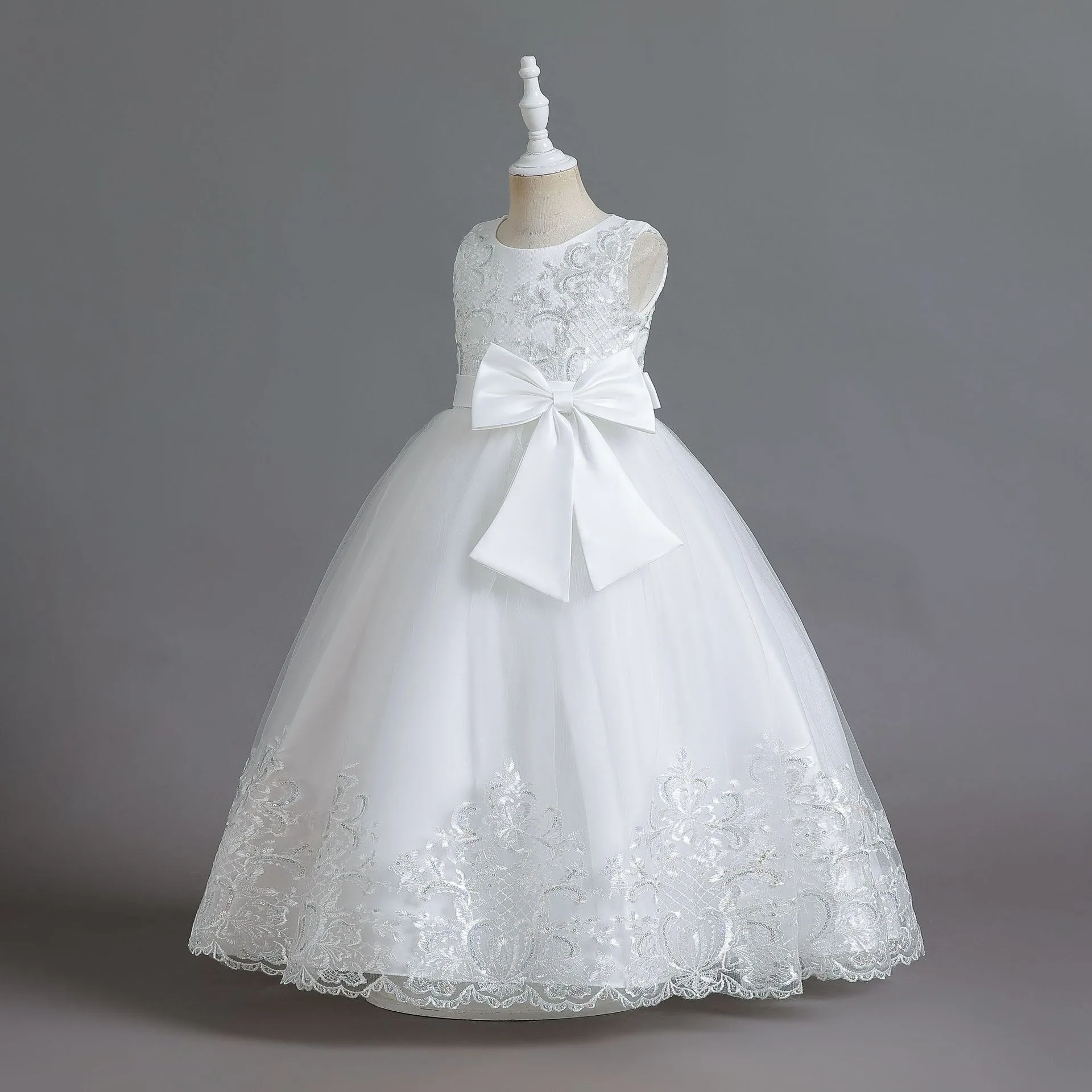 Flower Girls Wedding Dress Children Piano Performance White Princess Gown Birthday Kids Evening Party Skirt C0104