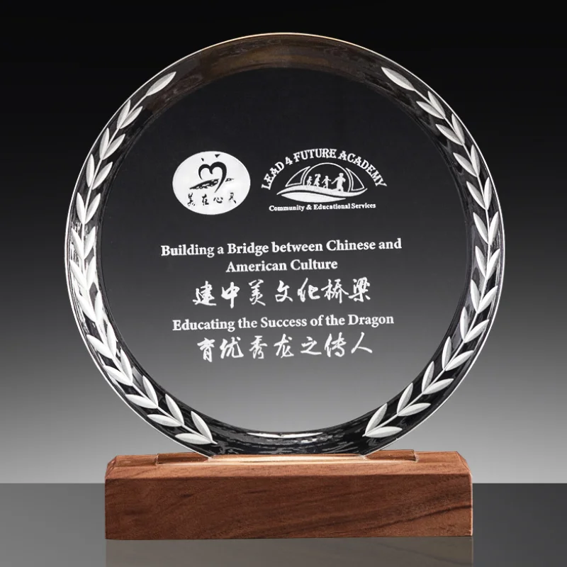 Creative large clear k9 color printing wooden trophy excellent company employees wood medal wooden crystal trophy sandblasting