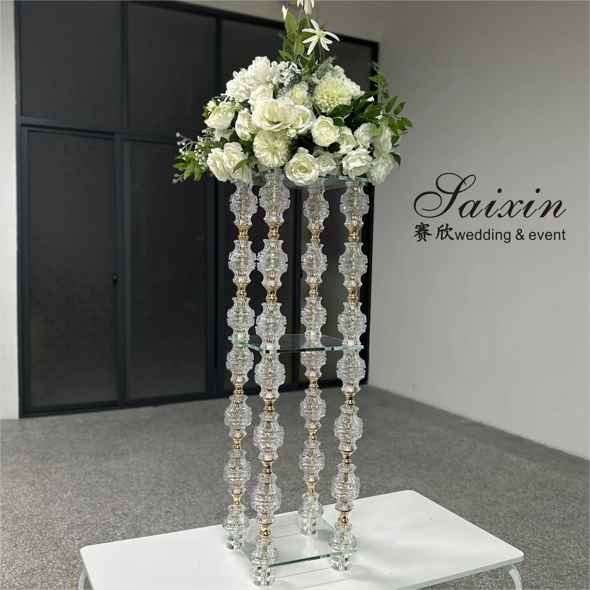 Chic New Wedding Decoration Centerpiece Gold Metal Crystal  Flower Stand