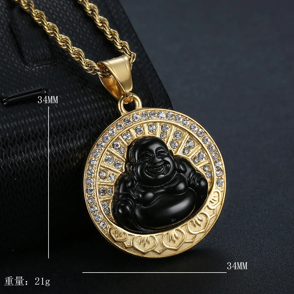34*34mm round pendant stocks 18k gold Iced out stainless steel carved jade buddha