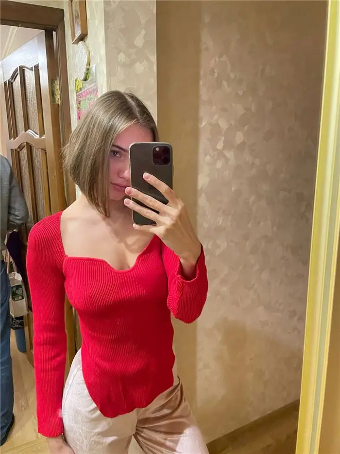 J1053-2022 spring long sleeve square neck undershirts knitted sweater top knitwear