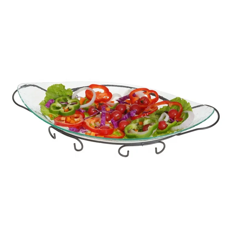 3pcs popular glass serving tray with metal rack