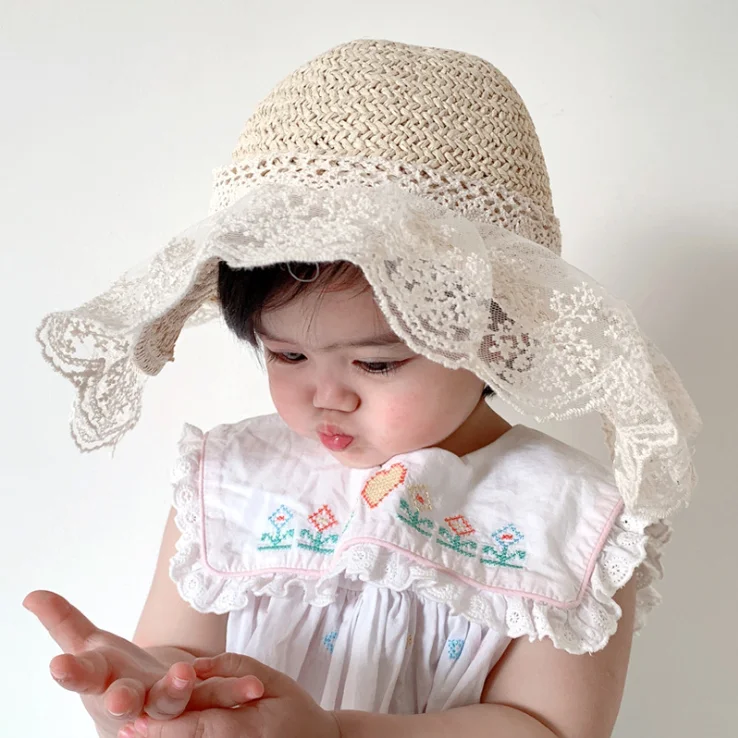 Детская шляпа, летняя кружевная Рыбацкая шляпа с большими полями для девочек, детская соломенная шляпа от солнца