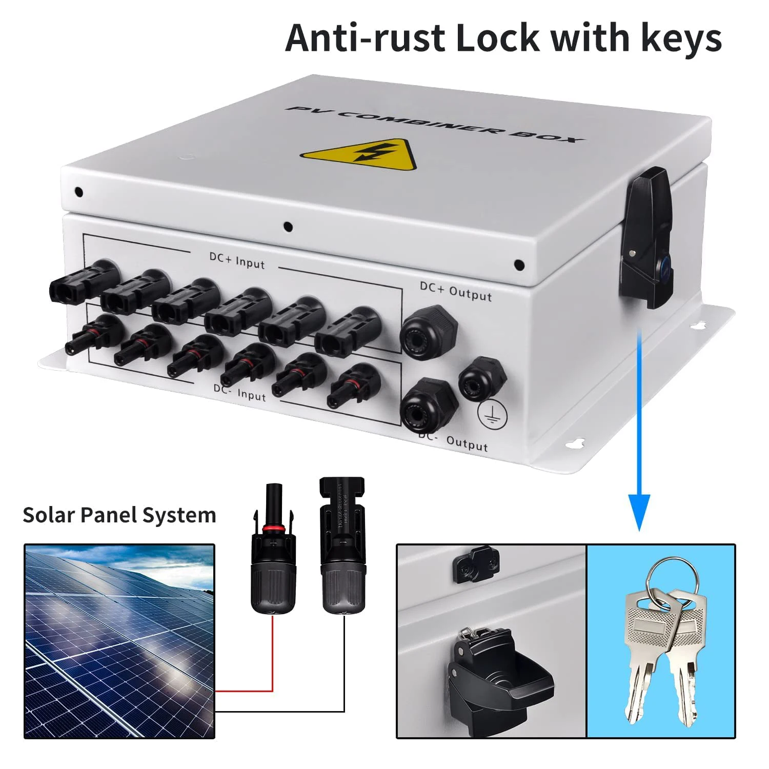 Metal 6 String Solar Combiner Box DC Solar Panel PV Junction 63A Circuit Breaker,IP65 Waterproof Fuse Lightning Indicator Lock