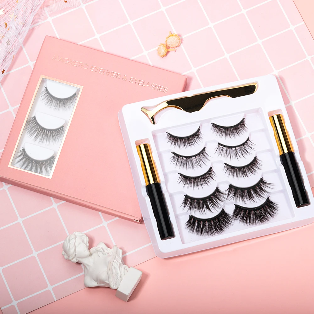 Private Label Magnetic Eye Lashes 5 Magnet Synthetic Magnetic Eyelashes With Eyeliner kit