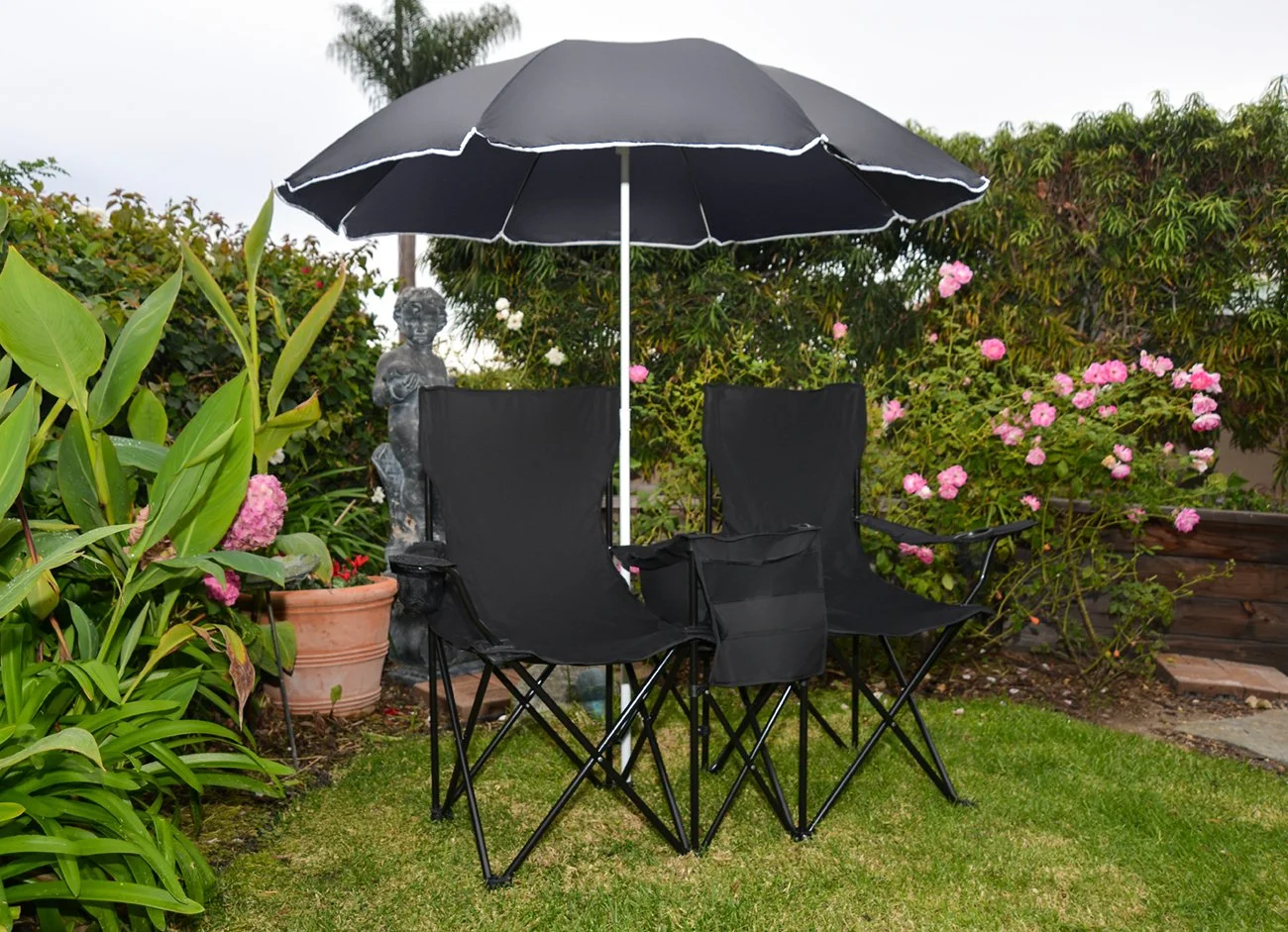 
Double Folding Camp and Beach Chair with Removable Umbrella and Cooler for beach 