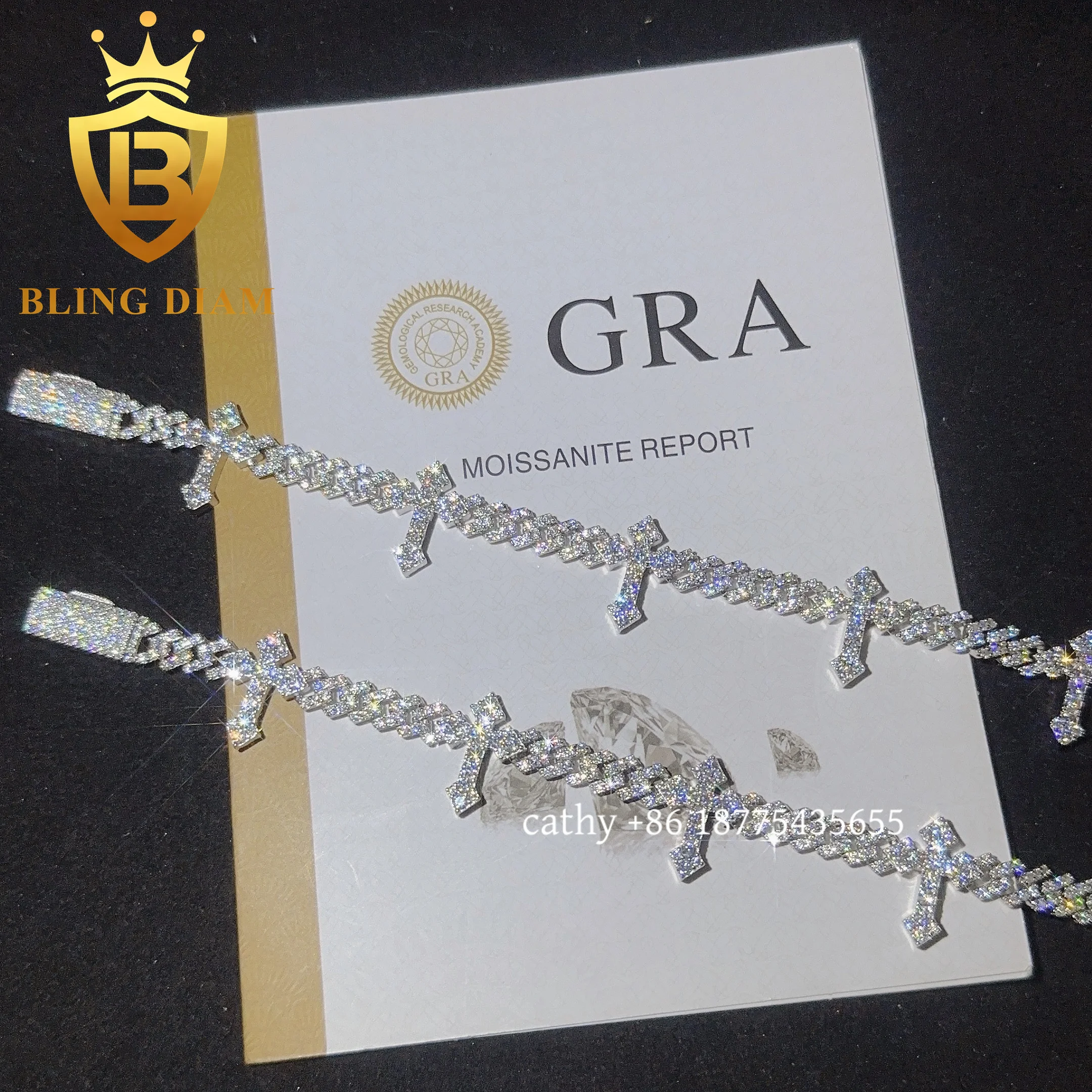 Solid Silver 6mm Cross Hip Hop Cross Cuban Bracelet for men women Fashion Moissanite  Cross Cuban Link Chain Bracelet