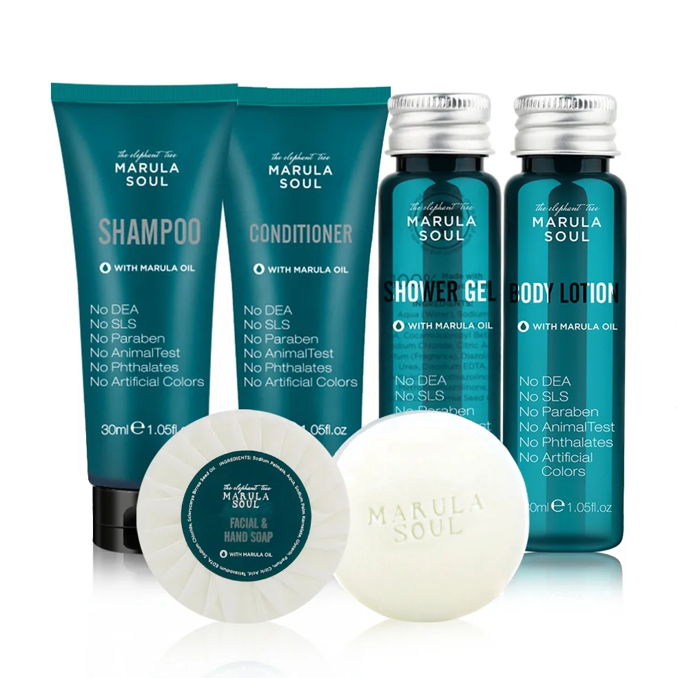 Supplier Custom Luxury Hotel Toiletries Natural Marula Fruit Oil Hotel and Resorts Bathroom Guest Amenities Set