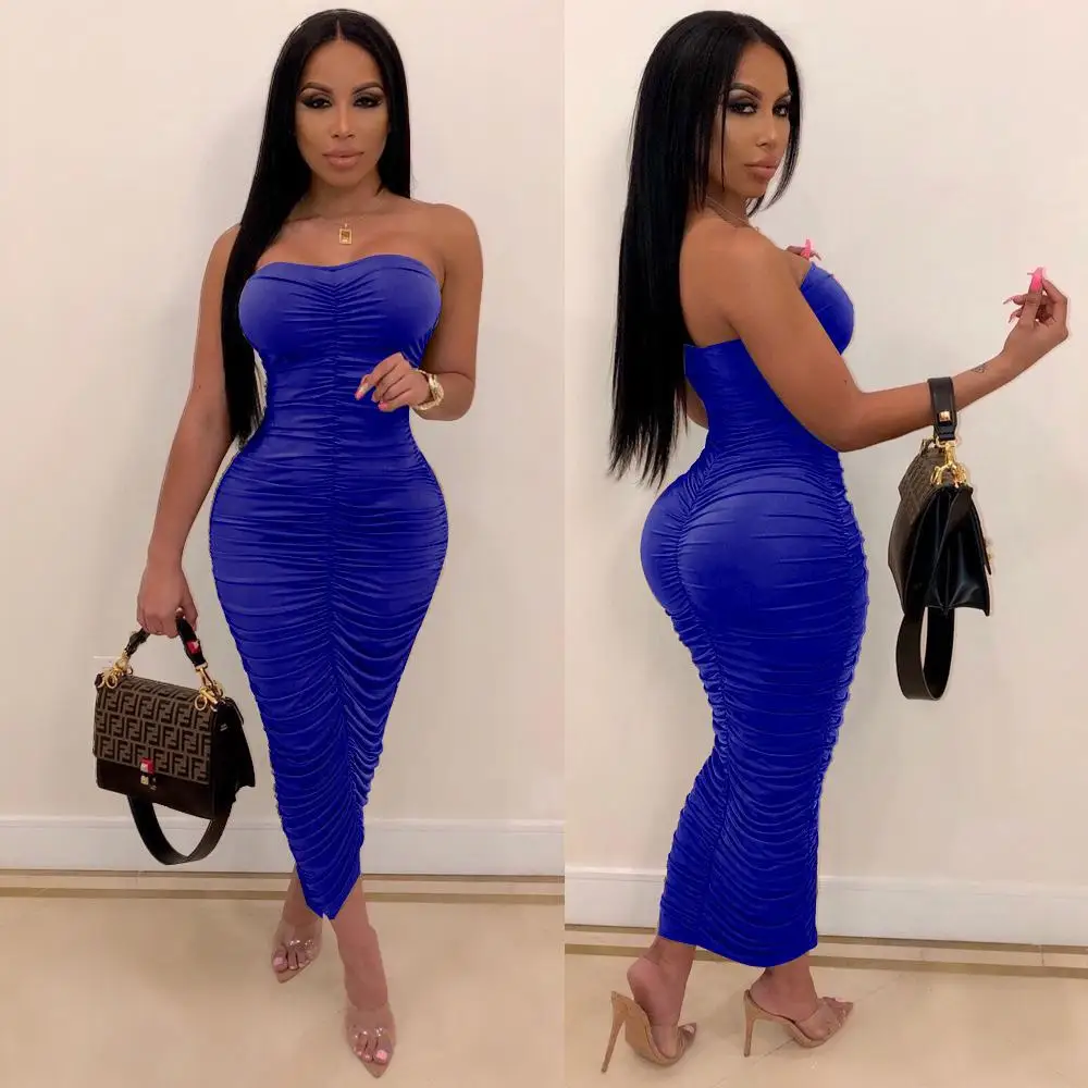 High Quality Stylish Sexy Girls Pleated Tight Tube Top Evening Party Dresses