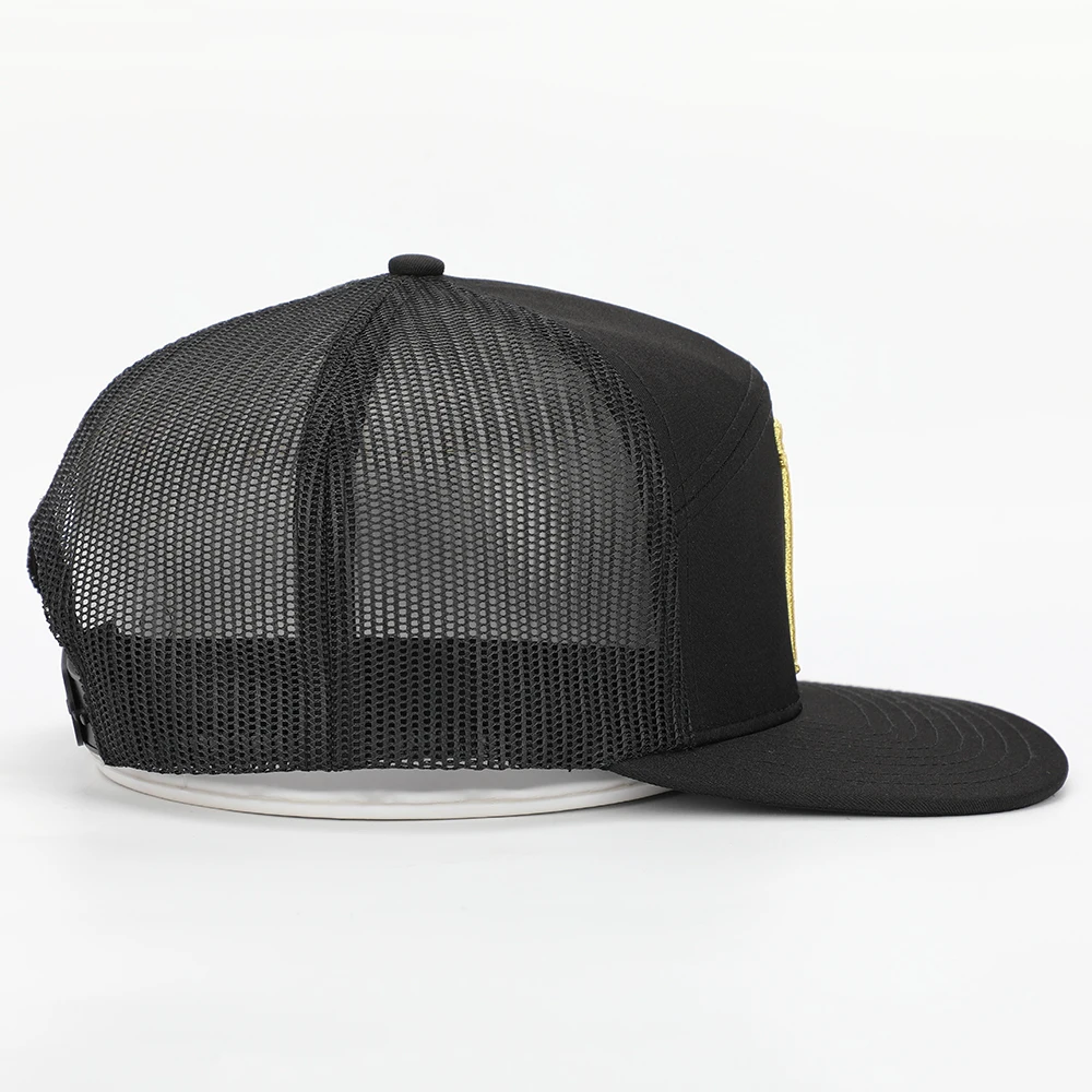 OEM Custom High Quality Mens Cotton Twill Flat Brim 7 Panel 3D Embroidery Logo Black Mesh Snapback Trucker Caps Hat