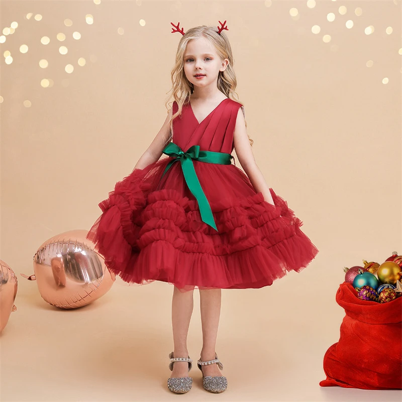 Wholesale Baby Birthday Party Ball Gown Sleeveless Gauze Kids Cake Dresses Princess Christmas Dinner Party Dresses With Ribbons