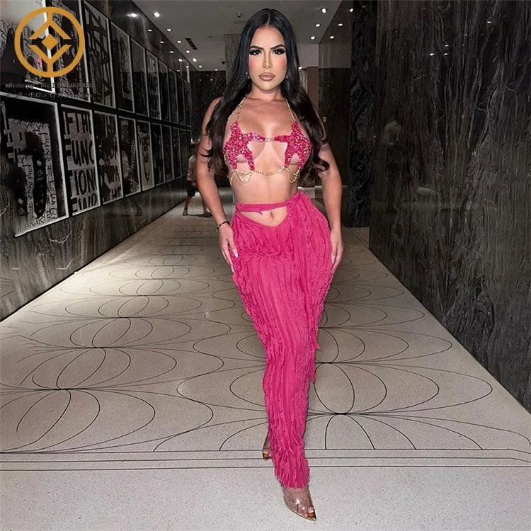 Wave pattern ruffle lace up sexy navel revealing skirt