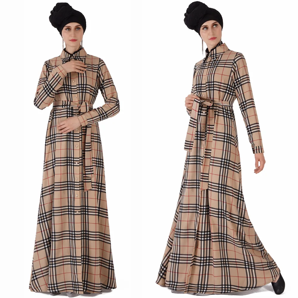 England Vintage Plaid Long Dress Abaya Muslim Women Classic Lapel Lace Up Single Breasted Long Plaid Dress Casual Abaya Dubai