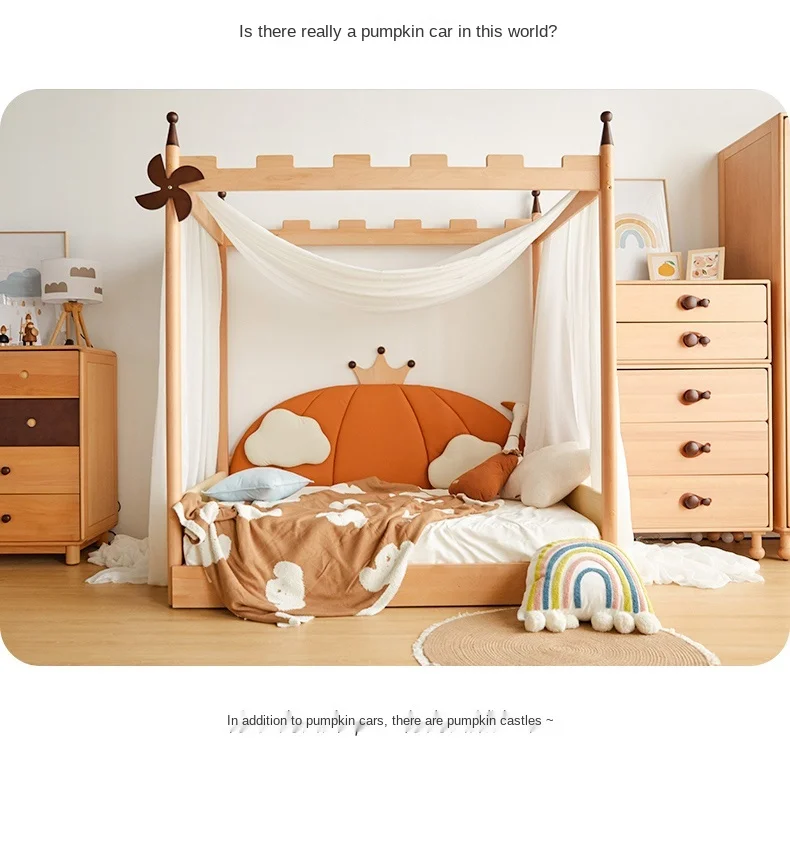 Pumpkin castle bed retractable bed solid wood children's bed girl boy pull broaching bed_14