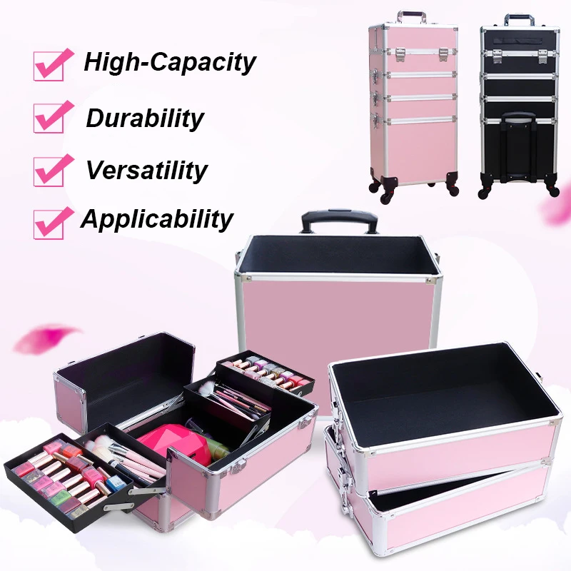 Yaeshii 4 in 1 Aluminum Rolling Cosmetic Makeup Train Cases Trolley Professional Artist Train Case Organizer Box