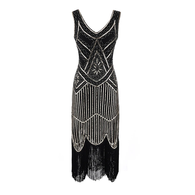 Plus Size 1920s Vintage Fringed Gatsby Sequin Beaded Tassels Hem Flapper Dress for Women