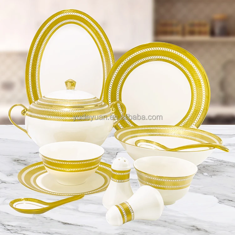 Porcelain Bone China Tableware Gold Plated Custom Design Dinnerware Sets Wholesale 40PCS Ceramic Dinner Set Luxury Modern