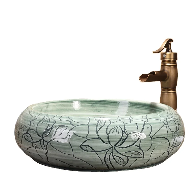 Green Round Jingdezhen Bathroom ceramic sink wash basin Counter Top Wash Basin Bathroom Sinks hand painted ceramics bowls