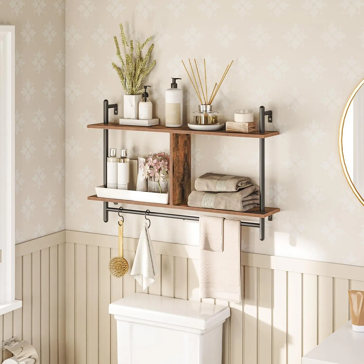 Zhongou Customized Floating Shelves Wooden 2-Tier Storage Wall Shelf Storage Rack with Hanging Rod for Living Room