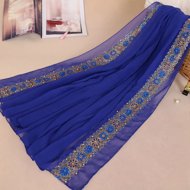 New Product Wholesale Malay New Ladies Pearl Chiffon Stitching Lace Scarf Color Inlaid Pearl Monochrome Long Scarf Hijab