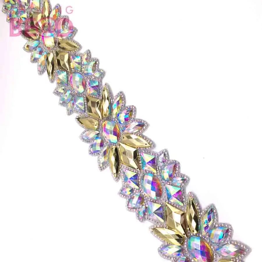 Resin Style Hot fix Rhinestone Tape Trim Gold  AB Glass Rhinestone Banding Ribbon Iron On Garments Shoes Decoration Patch