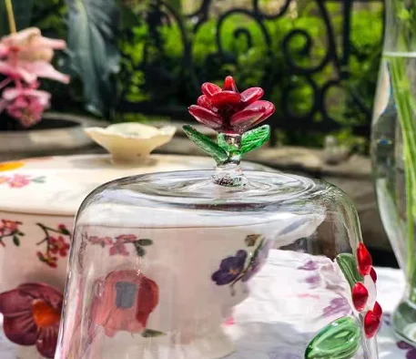 Custom Made Clear Hand Blown Heat-resistant Borosilicate Glass Dessert High-foot Stand with Colored Rose Top