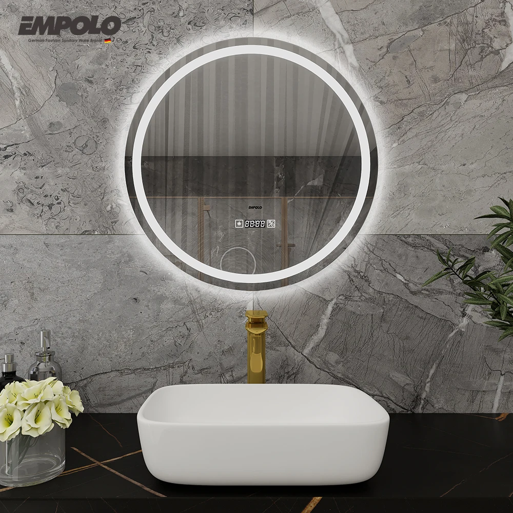Большой круглый умный сенсорный выключатель Empolo для ванной комнаты, зеркальное стекло для ванной комнаты, зеркало для туалетного столика, светодиодный светильник, настенное зеркало для ванной