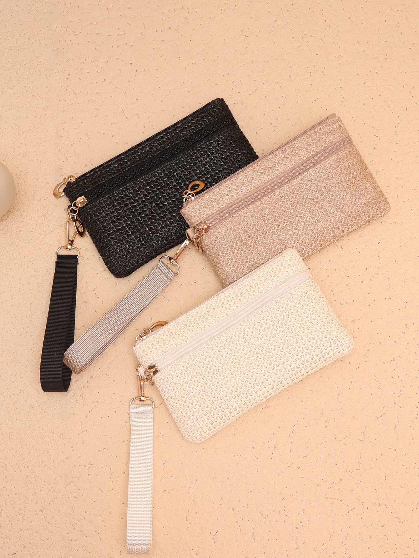 Hot Sale Coin Purse Straw Woven Long Wallet Mini Wristlet Double Zipper Phone Bag Purse For Women