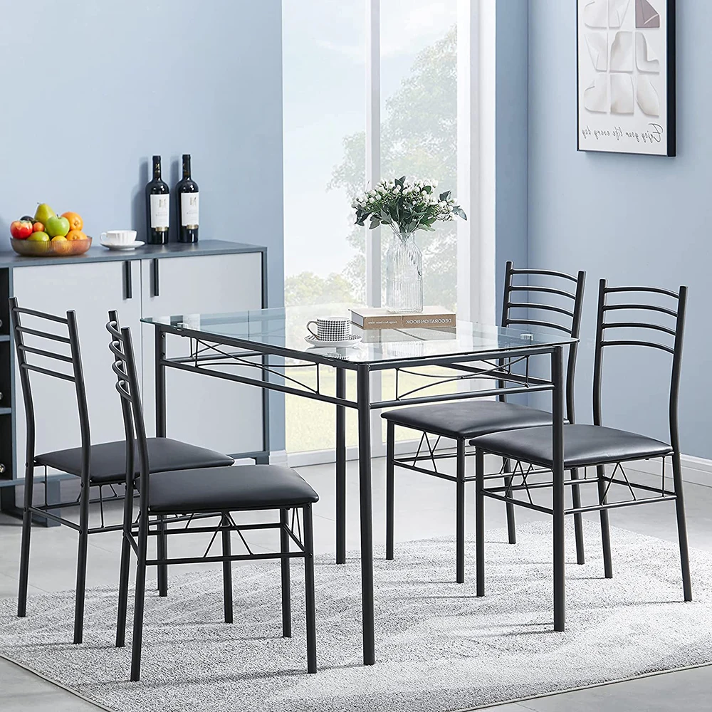 Modern Black Glass Top Dining Table Set with 4 Chairs
