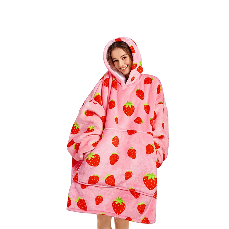 CVS BSCI Warm luxury polyester double layer reverse wearable custom print oversized flannel sherpa hoodie blanket for Winter