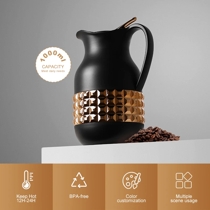 Everich Design 1000ml Insulated Teapot Electroplated Shell Arabic Coffee Dallah Pink Glass Inner Thermos Pot