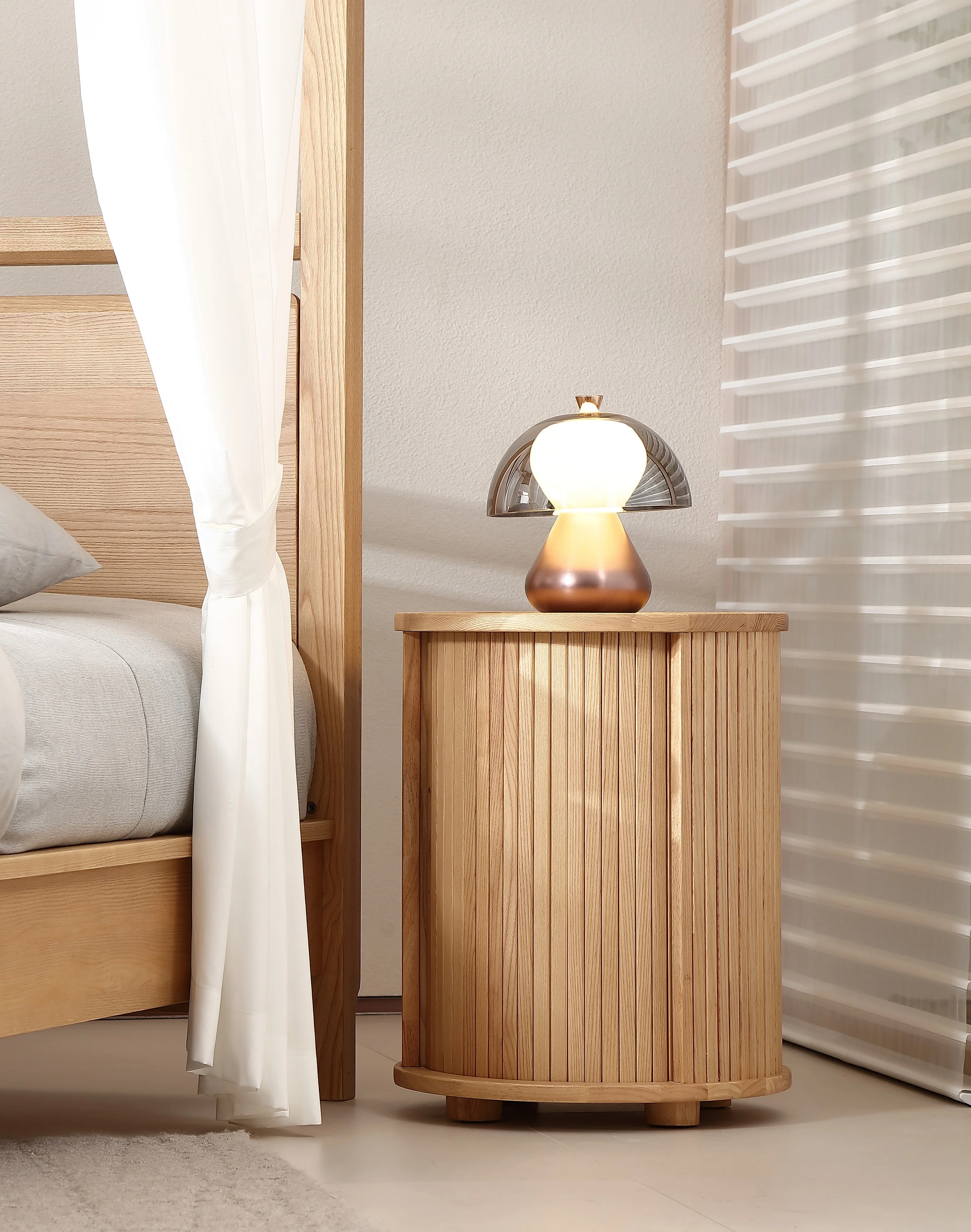 Ribbing Sliding doors Solid Natural ash wood Round Bed Side Table with 2 layers Nightstand Bed End Table Storage Bedroom Furnitu