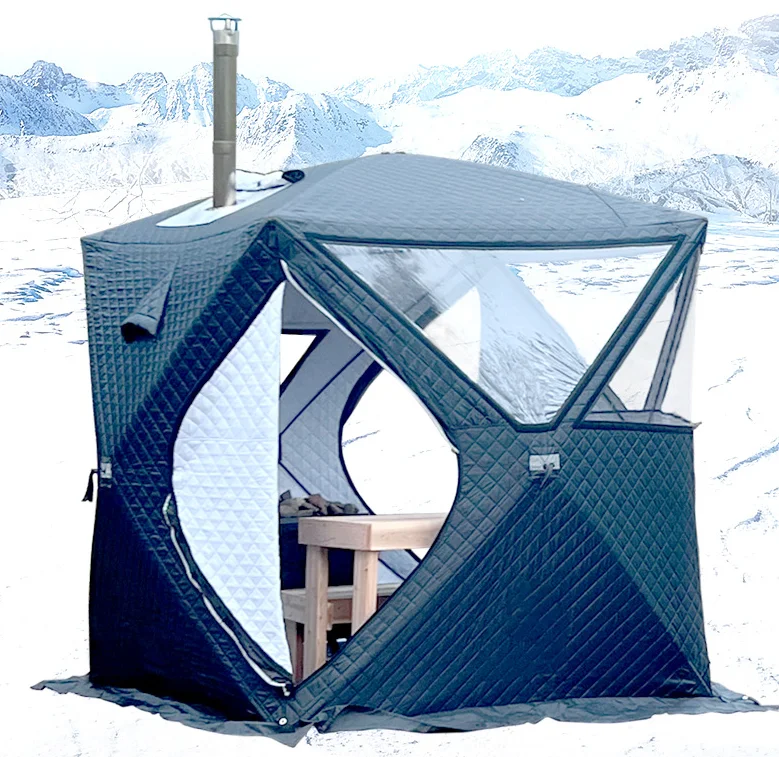 Outdoor multi person year-round sauna with thickened warmth, winter fishing tent, large window, chimney mouth, quick opening