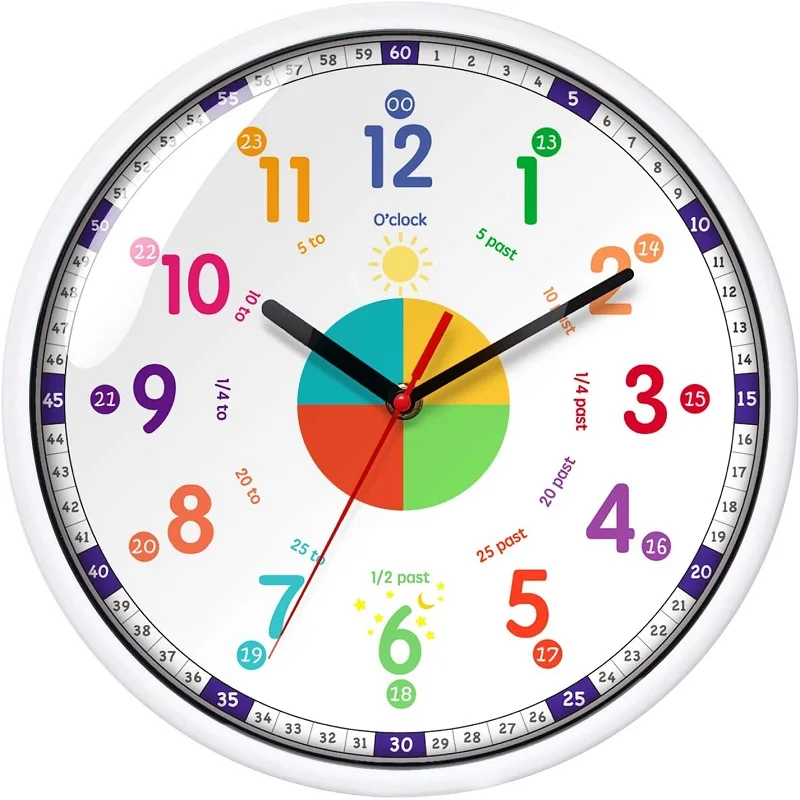Time Teacher Wall Clock Learn To Tell The Time Wall Clock Colorful For Kids Plastic Silent Educate Wall Clock 12 Inch