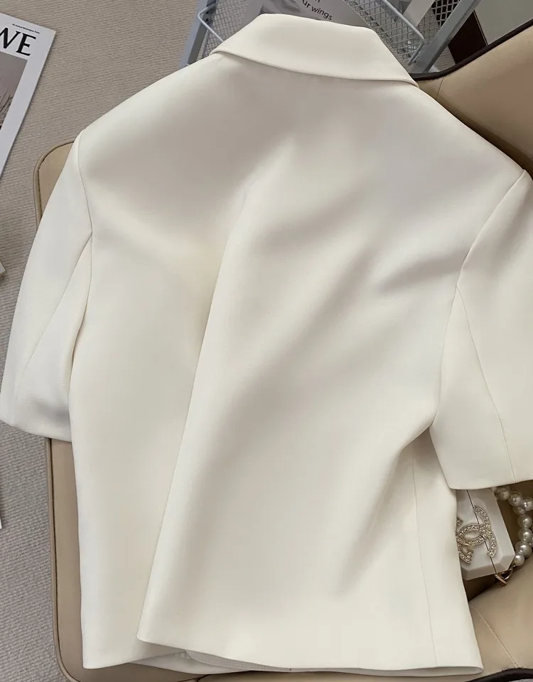 Summer Modest Classic Top Korean Chic White Jacket Short Sleeve Lapel Elegant Jacket Women Top
