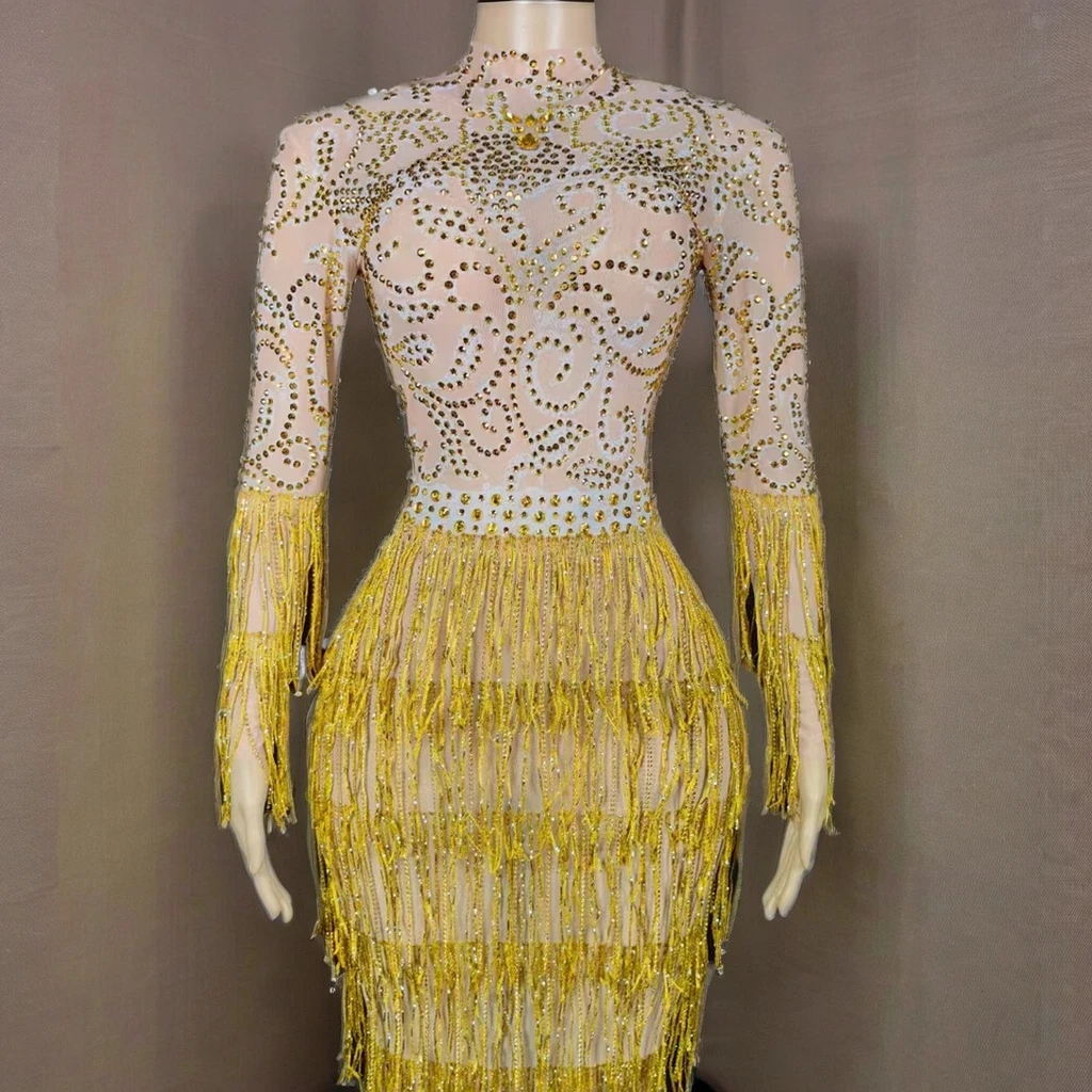 Elegant New Ball Gown Diamond Fringe Long Sexy Chiffon Sheer Dress Rhinestones Beading Feathers Parties Plus Size Maxi Length