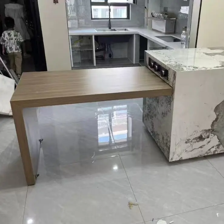 Solid wood high-end island dining table integrated household electric telescopic multifunctional rock board island dining table