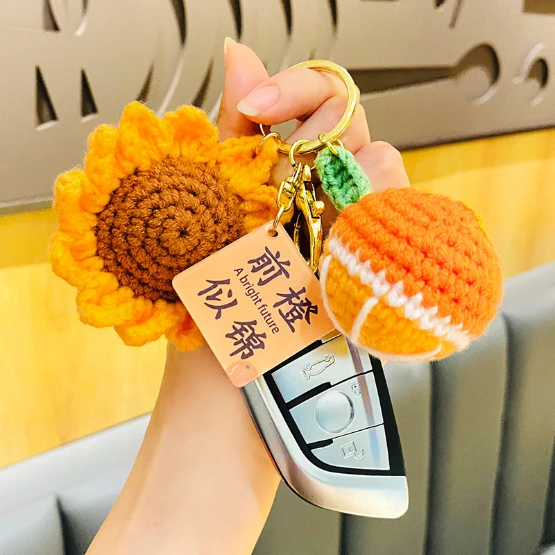 Creative Hand-Woven Plush Sunflower Pendant Keychain Keys Female DIY Crochet Fruit Persimmon Charm Keyring Bag Hanging Ornament