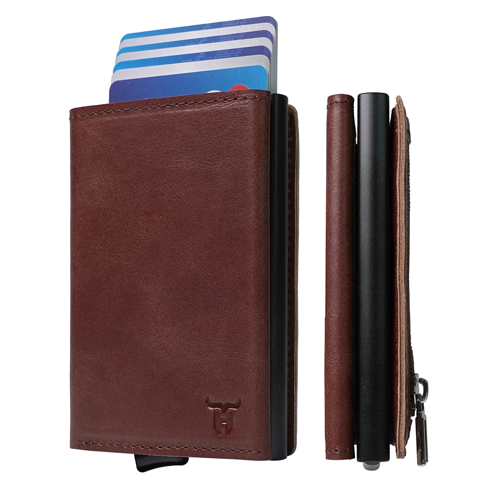 Slim Leather Mens Wallet with Cash Slot Front Pocket, RFID Blocking Metal Aluminum Case Men Wallet