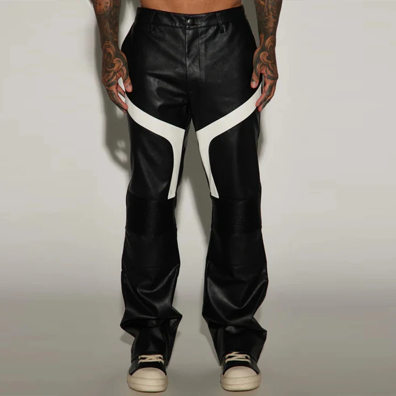 PU Cargo Sweat Pants Hip Hop Pocket  Trousers Sweatpants Color Blocking Faux Leather Moto Stacked Flare Pants Men