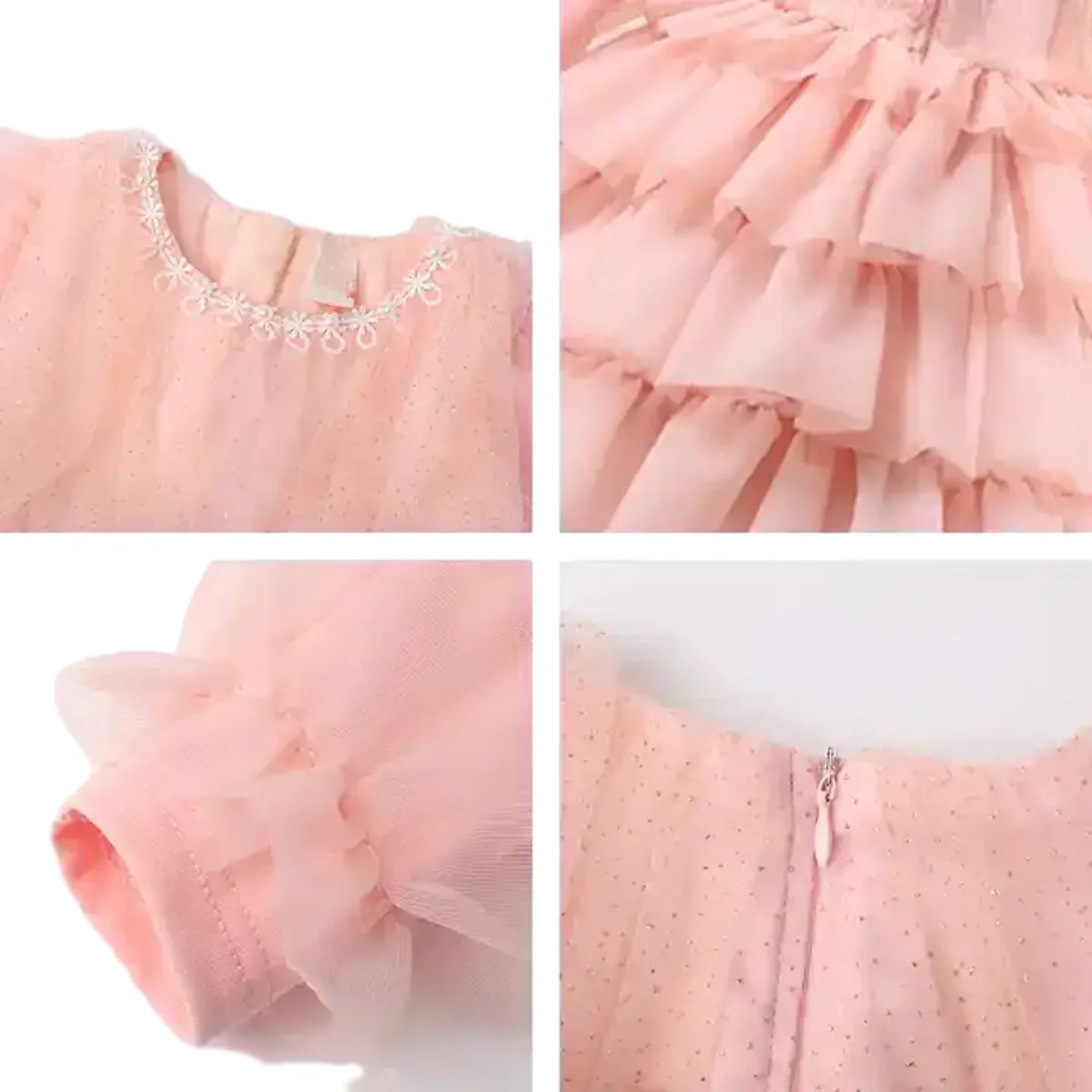 Customizable New Style Pink Cute Tulle Cake Dress Sweet Girl Dress Long Sleeve Kids Children Dresses for 2 to 12 Years