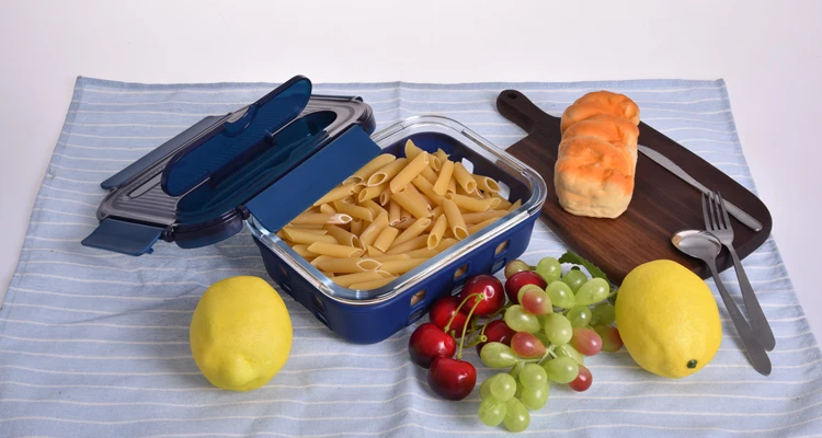 Deep  Blue color silicone cover glass food container storage box  with cutlery BPA free vented lid