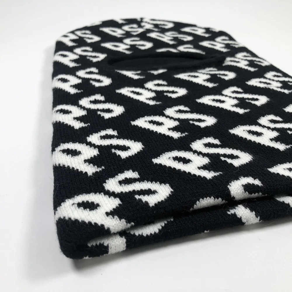 OEM adult jacquard embroidered all over print outdoors face cover ps black knitted beanie custom one hole balaclava ski mask